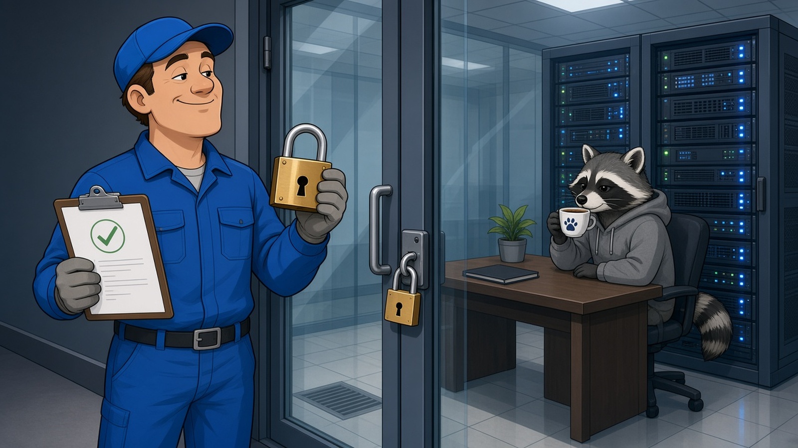 Cartoon of a maintenance worker approaching a locked glass door while a raccoon in a hoodie already sits inside at a desk beside a server rack, calmly drinking tea.
