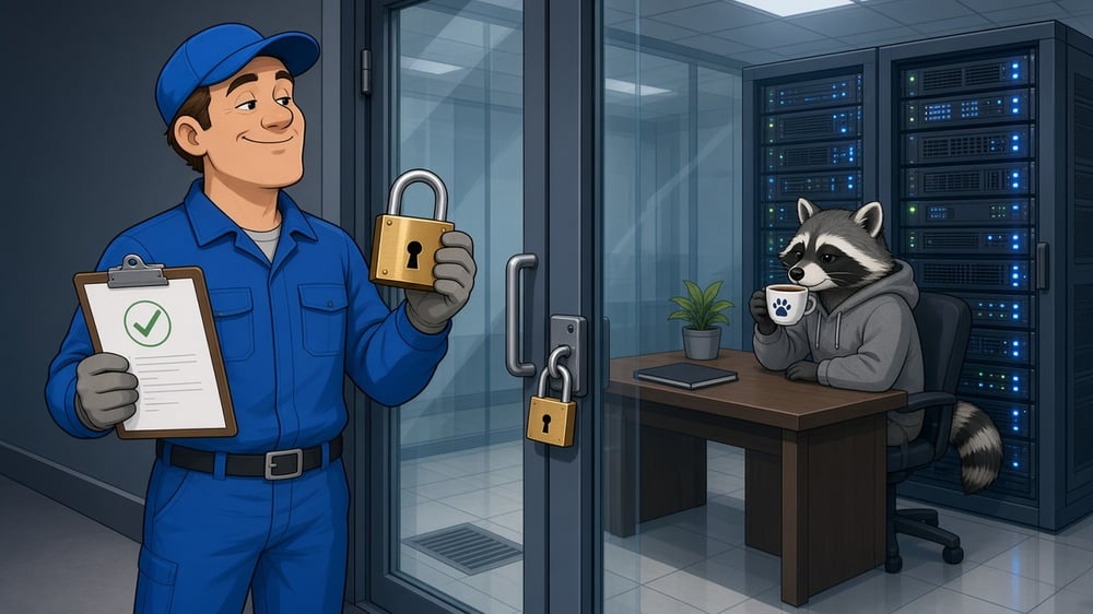 Cartoon of a maintenance worker approaching a locked glass door while a raccoon in a hoodie already sits inside at a desk beside a server rack, calmly drinking tea.