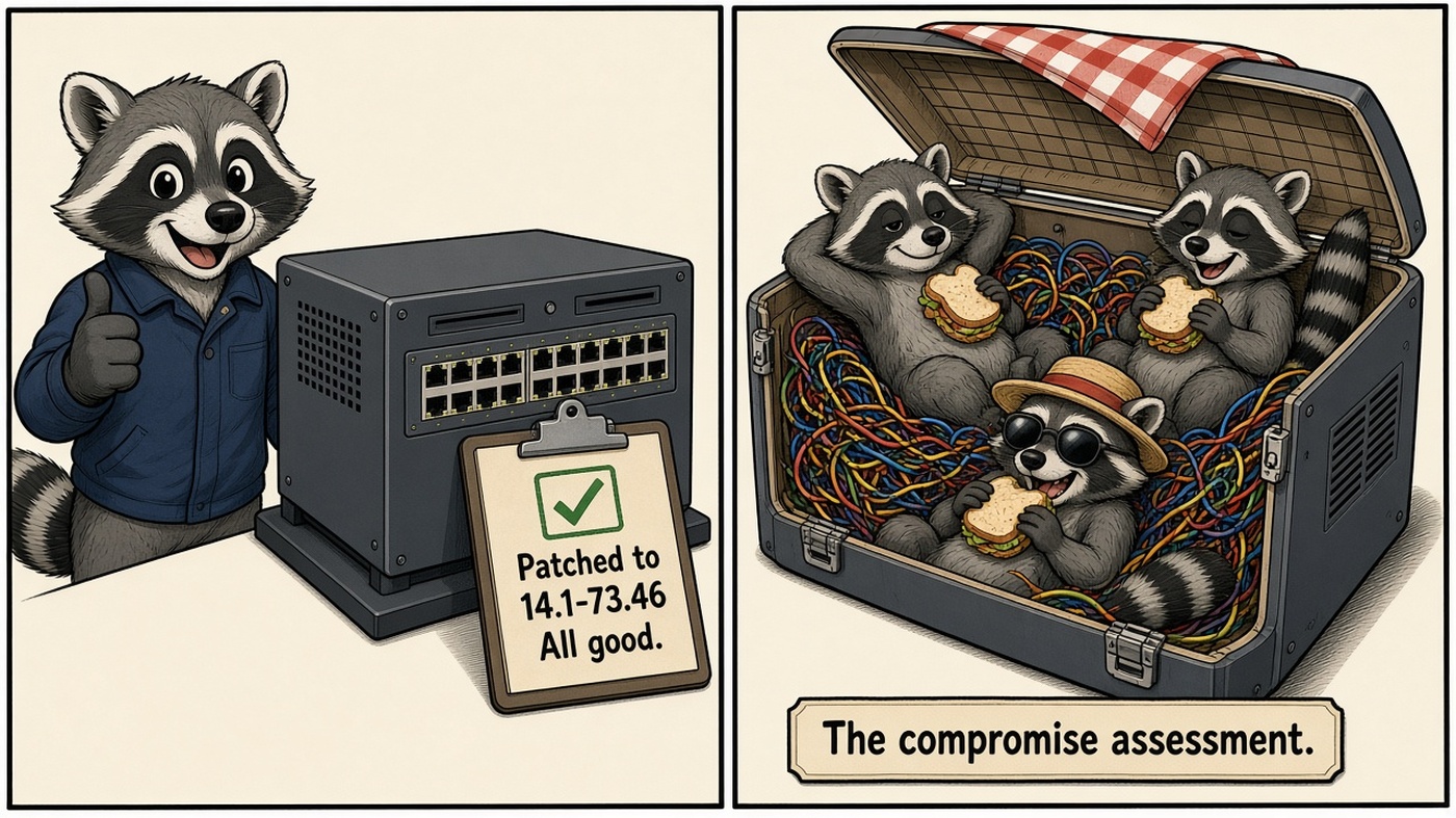 Two-panel cartoon: left, a raccoon gives a thumbs-up beside a network appliance and a clipboard with a green tick, captioned Patched to 14.1-73.46 All good; right, the same appliance cut open with three raccoons picnicking among the cables, captioned The compromise assessment.